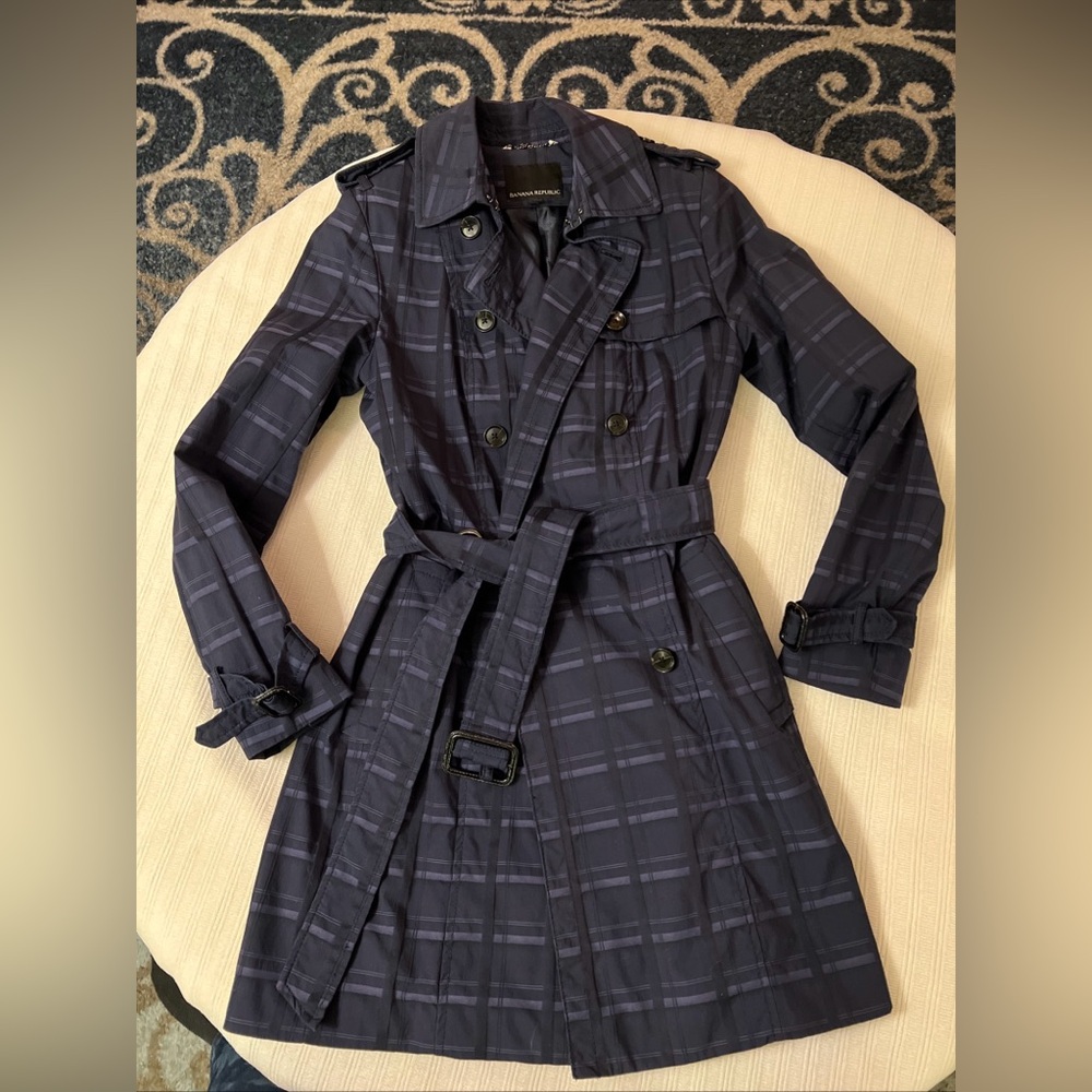 Banana Republic Navy Plaid Trench Coat XS